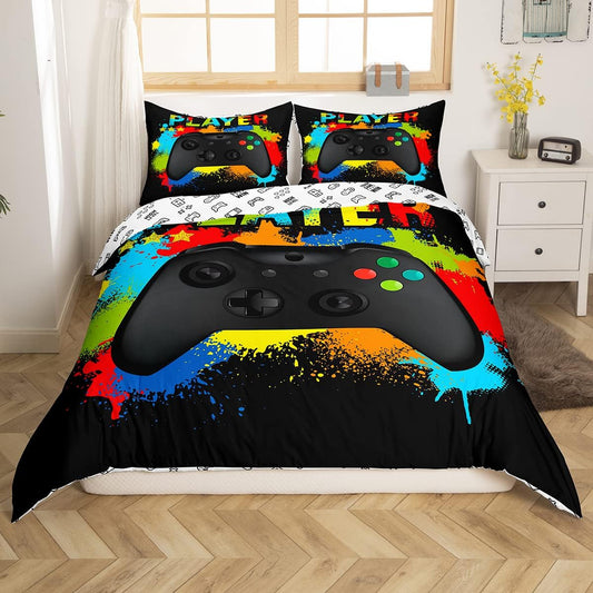 Teens Gamer Twin Size Reversible Bed Duvet Cover Set,Kids Boys Gaming Gamepad Bedding Set Watercolor Tie Dye Hip Hop Style Comforter Cover Vintage Video Game Controller,Decorative Games Room,Colorful